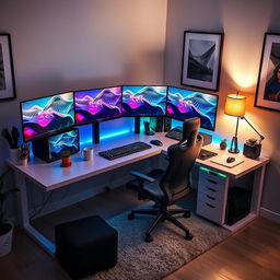 A modern L-shaped desk situated in the corner of a room, featuring a sophisticated five-monitor PC setup