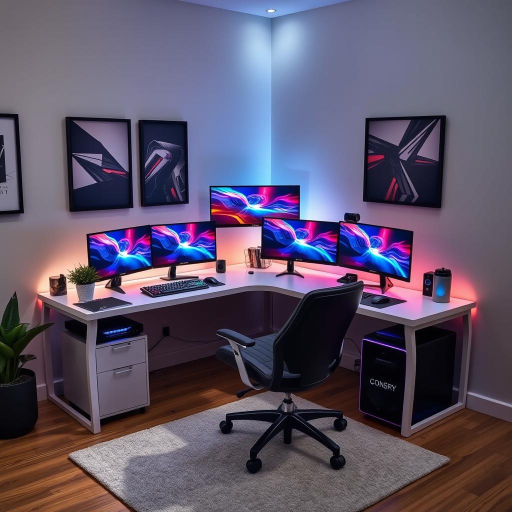 A modern L-shaped desk situated in the corner of a room, featuring a sophisticated five-monitor PC setup