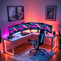A modern L-shaped desk situated in the corner of a room, featuring a sophisticated five-monitor PC setup