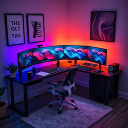 A modern L-shaped desk situated in the corner of a room, featuring a sophisticated five-monitor PC setup