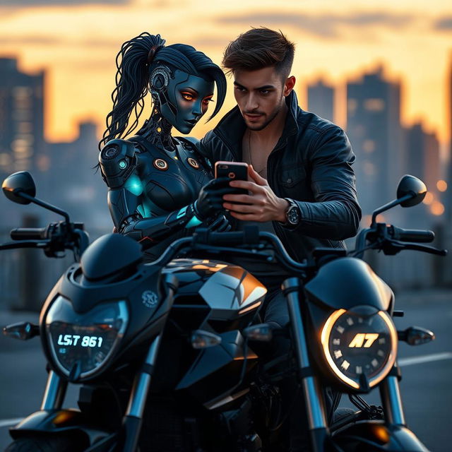 A realistic and sensual female Android interacting with a young man, who is seated on a sleek black motorcycle