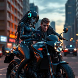A realistic and sensual female Android interacting with a young man, who is seated on a sleek black motorcycle