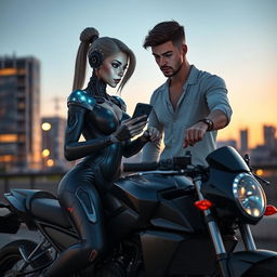 A realistic and sensual female Android interacting with a young man, who is seated on a sleek black motorcycle