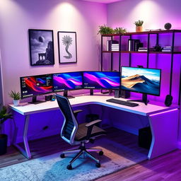 A modern L-shaped desk setup featuring five computer monitors, four arranged horizontally in a row and one positioned vertically at the right end of the desk