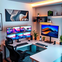 A modern L-shaped desk setup featuring five computer monitors, four arranged horizontally in a row and one positioned vertically at the right end of the desk