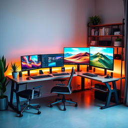 A modern L-shaped desk setup featuring five computer monitors, four arranged horizontally in a row and one positioned vertically at the right end of the desk