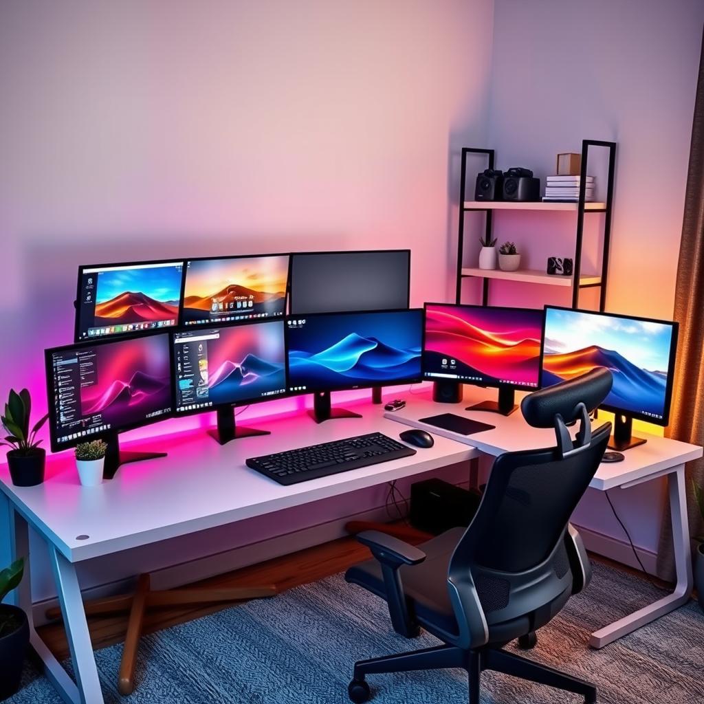A modern L-shaped desk setup featuring five computer monitors, four arranged horizontally in a row and one positioned vertically at the right end of the desk