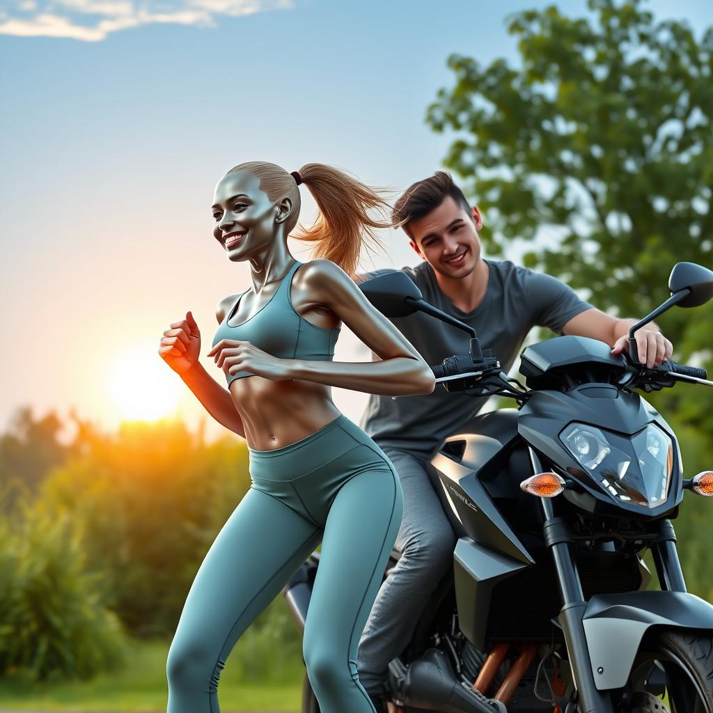A beautiful female android in sporty workout clothes jogging in the early morning, with the sun rising in the background