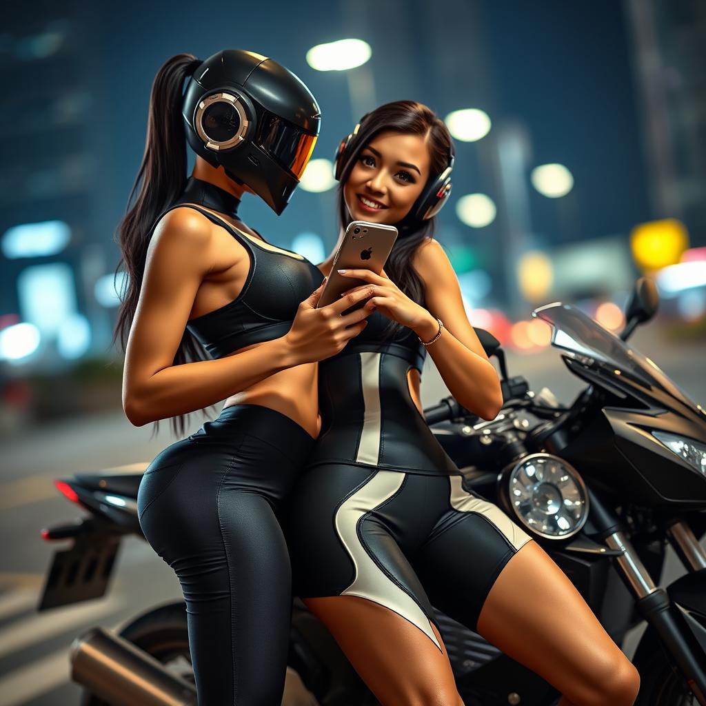 A stunning android woman dressed in sexy sporty clothing, showcasing her figure while engaging with a black motorcycle man