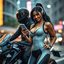 A stunning android woman dressed in sexy sporty clothing, showcasing her figure while engaging with a black motorcycle man