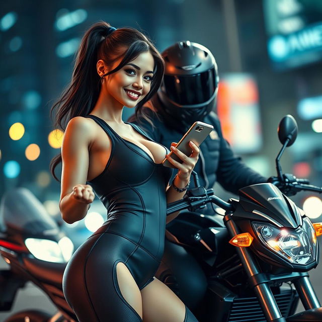 A stunning android woman dressed in sexy sporty clothing, showcasing her figure while engaging with a black motorcycle man