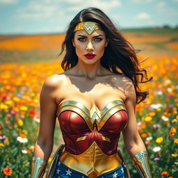 A stunning portrayal of Wonder Woman walking through a vibrant field of flowers under a bright sunny day