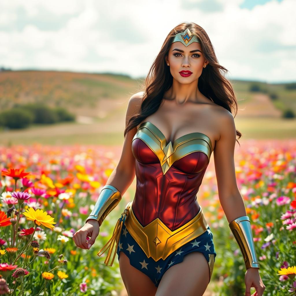 A stunning portrayal of Wonder Woman walking through a vibrant field of flowers under a bright sunny day
