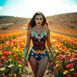 A stunning portrayal of Wonder Woman walking through a vibrant field of flowers under a bright sunny day