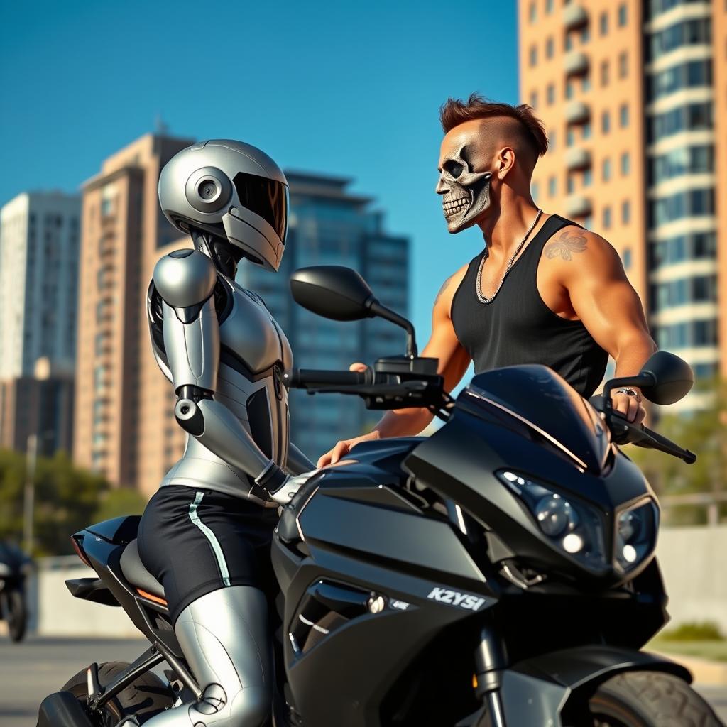 An android dressed in short, sporty athletic clothing, almost human-like, engaged in a conversation with a man who has a skull-shaped face, sitting atop a sleek black motorcycle