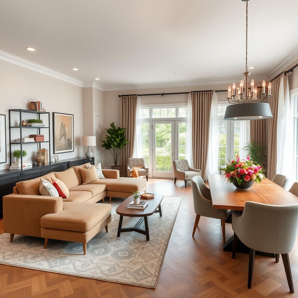 A stylish living room and dining room combination designed for elegance