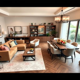 A stylish living room and dining room combination designed for elegance