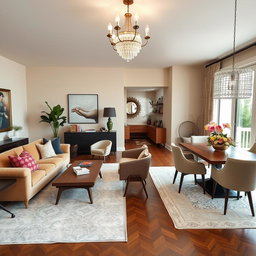 A stylish living room and dining room combination designed for elegance