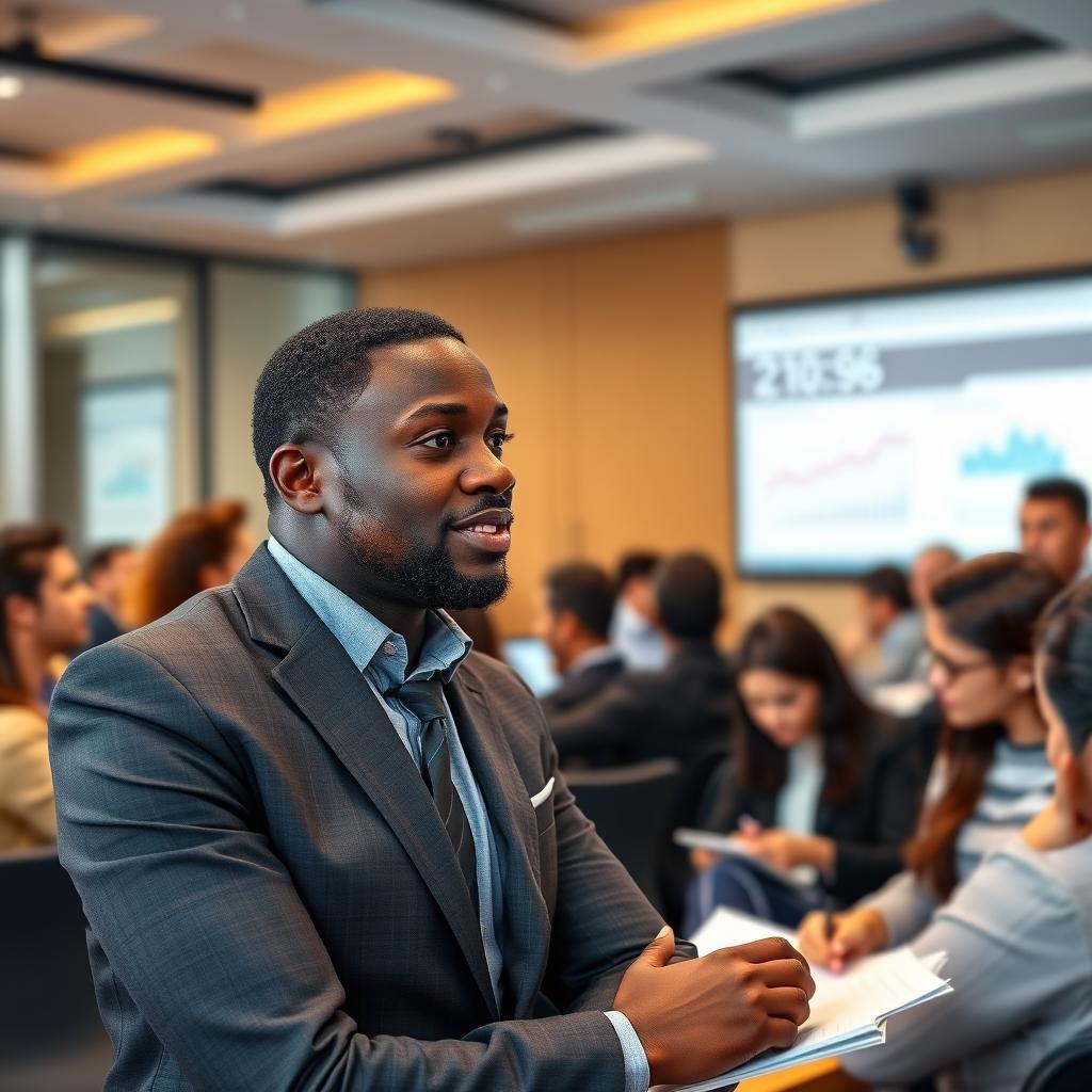 A professional black businessman confidently speaking at a workshop, engaging with his colleagues in a modern conference setting