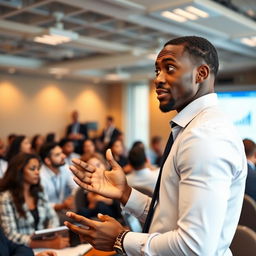 A professional black businessman confidently speaking at a workshop, engaging with his colleagues in a modern conference setting