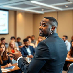 A professional black businessman confidently speaking at a workshop, engaging with his colleagues in a modern conference setting