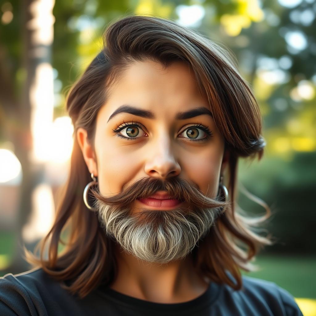 A creative and humorous portrait of a woman named Wendy Guevara, depicted with a stylish beard