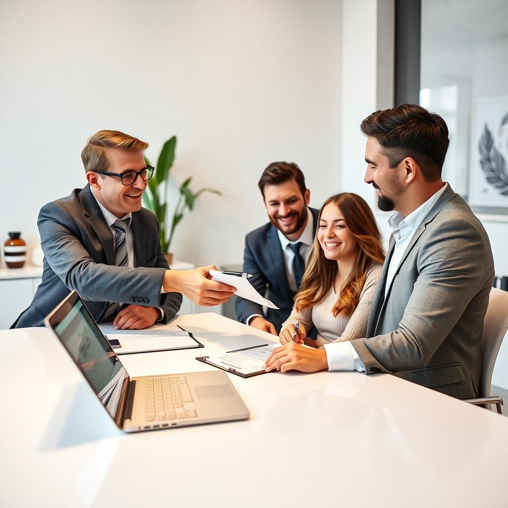 A real estate agent, a mortgage broker, a bank finance adviser, and a money loan manager are gathered at a sleek, modern desk in a well-lit office
