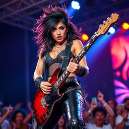Wendy Guevara depicted as a dynamic rock star, performing on stage with a vibrant energy