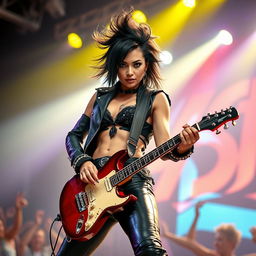 Wendy Guevara depicted as a dynamic rock star, performing on stage with a vibrant energy