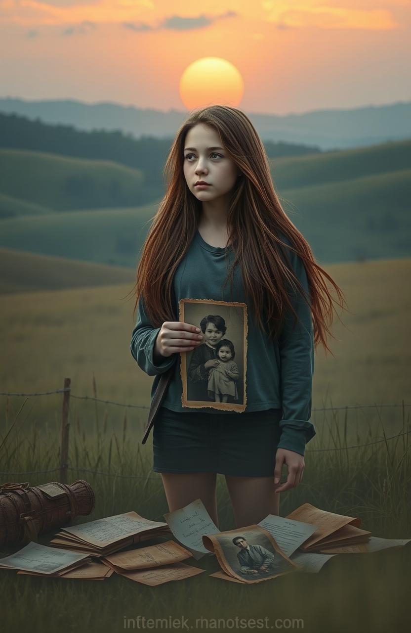 A poignant scene depicting a 17-year-old girl standing alone in a serene but slightly melancholic environment, surrounded by old memories, such as faded photographs and letters scattered around her