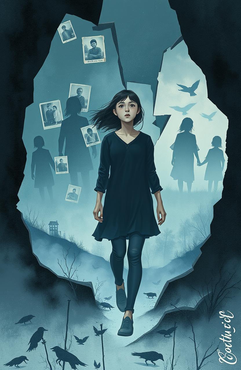 A surreal and dreamlike illustration depicting a young woman, around 17 years old, wandering through a fragmented landscape that represents her shattered memories