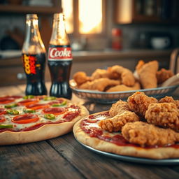 A delicious spread of pizza topped with pepperoni, fresh green peppers, and melted mozzarella cheese, alongside crispy fried chicken pieces served on a rustic wooden table
