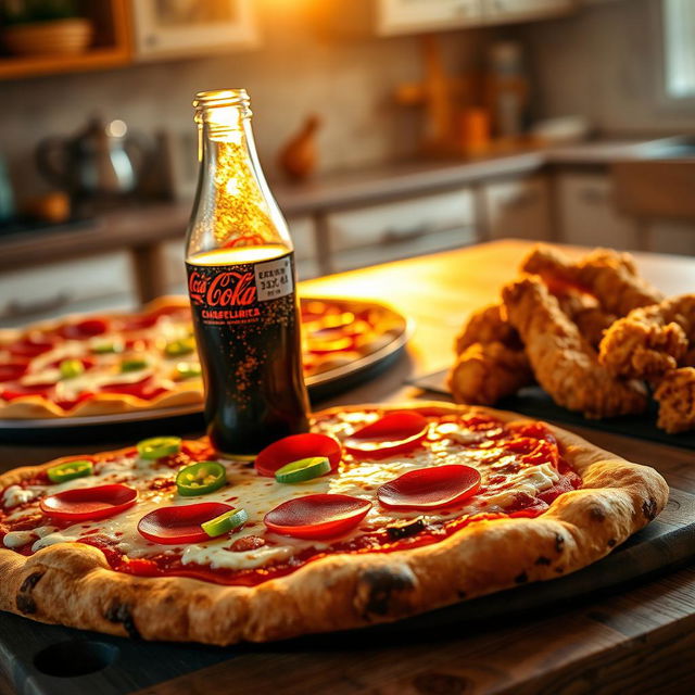 A delicious spread of pizza topped with pepperoni, fresh green peppers, and melted mozzarella cheese, alongside crispy fried chicken pieces served on a rustic wooden table