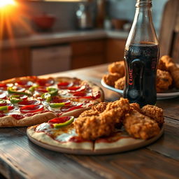 A delicious spread of pizza topped with pepperoni, fresh green peppers, and melted mozzarella cheese, alongside crispy fried chicken pieces served on a rustic wooden table