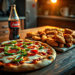 A delicious spread of pizza topped with pepperoni, fresh green peppers, and melted mozzarella cheese, alongside crispy fried chicken pieces served on a rustic wooden table