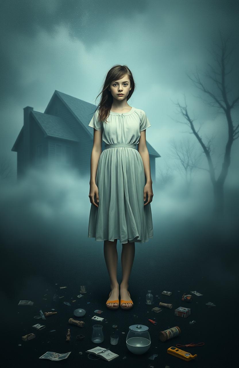 A surreal and dreamlike depiction of a 17-year-old girl with amnesia, standing alone in a misty landscape, surrounded by fragmented memories represented as shattered glass and faded photographs
