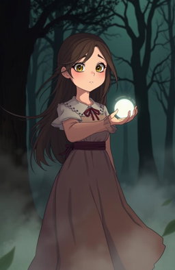 A 17-year-old girl with a mysterious expression standing alone in a forest, surrounded by ethereal mist