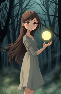 A 17-year-old girl with a mysterious expression standing alone in a forest, surrounded by ethereal mist