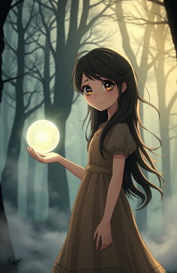 A 17-year-old girl with a mysterious expression standing alone in a forest, surrounded by ethereal mist