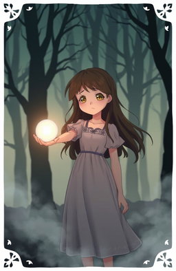 A 17-year-old girl with a mysterious expression standing alone in a forest, surrounded by ethereal mist