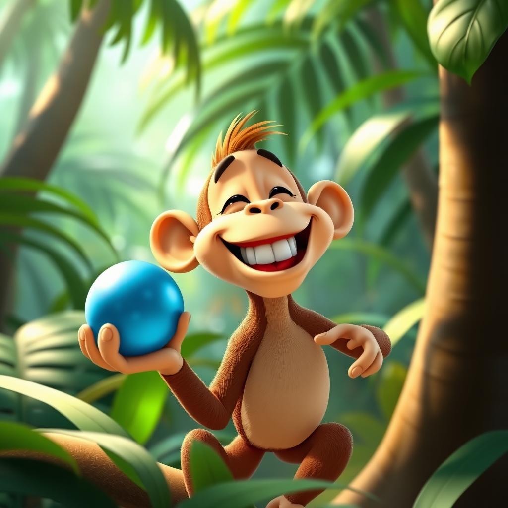 A cartoon monkey laughing heartily yet with a hint of concern, holding a blue sphere in its hand, set in a lush tropical forest