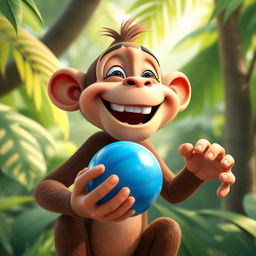 A cartoon monkey laughing heartily yet with a hint of concern, holding a blue sphere in its hand, set in a lush tropical forest