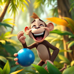 A cartoon monkey laughing heartily yet with a hint of concern, holding a blue sphere in its hand, set in a lush tropical forest
