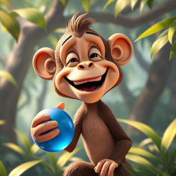 A cartoon monkey laughing heartily yet with a hint of concern, holding a blue sphere in its hand, set in a lush tropical forest