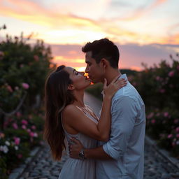 A romantic scene featuring a passionate kiss between two adults in a beautiful outdoor setting