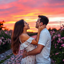 A romantic scene featuring a passionate kiss between two adults in a beautiful outdoor setting