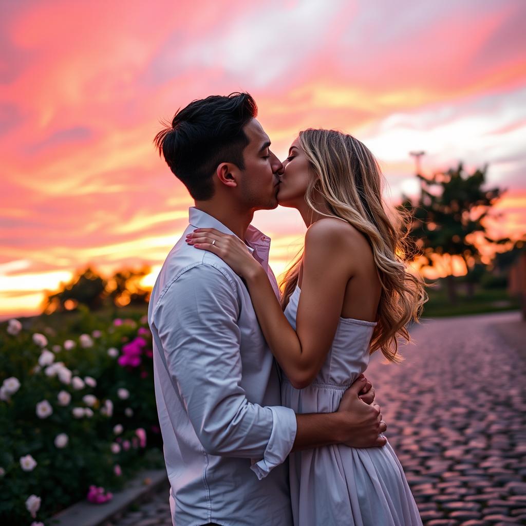 A romantic scene featuring a passionate kiss between two adults in a beautiful outdoor setting