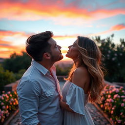 A romantic scene featuring a passionate kiss between two adults in a beautiful outdoor setting