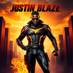 A dynamic movie poster featuring a black superhero named Justin Blaze, standing confidently in a cityscape at sunset
