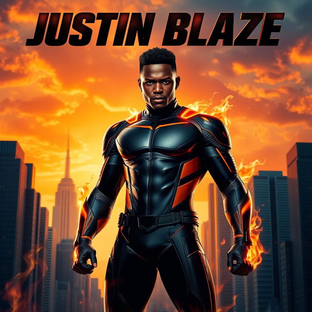 A dynamic movie poster featuring a black superhero named Justin Blaze, standing confidently in a cityscape at sunset